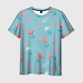 Мужская футболка 3D с принтом Цветочки и листики на голубом в Курске, 100% полиэфир | прямой крой, круглый вырез горловины, длина до линии бедер | 8 марта | весна | день рождения | коралловый | лето | листики | паттерн | праздник | узор | цветочки