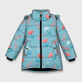Зимняя куртка для девочек 3D с принтом Цветочки и листики на голубом в Курске, ткань верха — 100% полиэстер; подклад — 100% полиэстер, утеплитель — 100% полиэстер. | длина ниже бедра, удлиненная спинка, воротник стойка и отстегивающийся капюшон. Есть боковые карманы с листочкой на кнопках, утяжки по низу изделия и внутренний карман на молнии. 

Предусмотрены светоотражающий принт на спинке, радужный светоотражающий элемент на пуллере молнии и на резинке для утяжки. | 8 марта | весна | день рождения | коралловый | лето | листики | паттерн | праздник | узор | цветочки