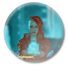 Значок с принтом Cyberpunk 2077 V в Курске,  металл | круглая форма, металлическая застежка в виде булавки | ceberpunk | v | андроид | герой | главный | земля | киберпанк | киборг | персонаж | планета