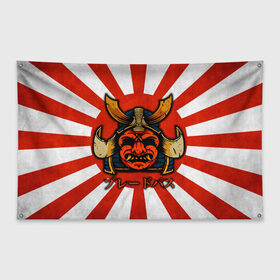Флаг-баннер с принтом Sun samurai в Курске, 100% полиэстер | размер 67 х 109 см, плотность ткани — 95 г/м2; по краям флага есть четыре люверса для крепления | Тематика изображения на принте: demon | japan | mask | samurai | sun | демон | иероглиф | маска | ниндзя | самурай | солнце | япония | японское солнце