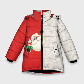 Зимняя куртка для девочек 3D с принтом Селфи Деда Мороза в Курске, ткань верха — 100% полиэстер; подклад — 100% полиэстер, утеплитель — 100% полиэстер. | длина ниже бедра, удлиненная спинка, воротник стойка и отстегивающийся капюшон. Есть боковые карманы с листочкой на кнопках, утяжки по низу изделия и внутренний карман на молнии. 

Предусмотрены светоотражающий принт на спинке, радужный светоотражающий элемент на пуллере молнии и на резинке для утяжки. | Тематика изображения на принте: christmas | merry christmas | дед мороз | ёлка | зима | мороз | новый год | подарок | праздник | рождество | с новым годом | санта клаус | селфи | снегурочка | снежинки