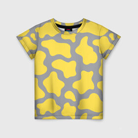 Детская футболка 3D с принтом Желто-серая корова в Курске, 100% гипоаллергенный полиэфир | прямой крой, круглый вырез горловины, длина до линии бедер, чуть спущенное плечо, ткань немного тянется | illuminating | pantone | ultimate grey | безупречный | бык | желтый | корова | новый год | освещающий | пятна | серый