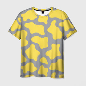 Мужская футболка 3D с принтом Желто-серая корова в Курске, 100% полиэфир | прямой крой, круглый вырез горловины, длина до линии бедер | illuminating | pantone | ultimate grey | безупречный | бык | желтый | корова | новый год | освещающий | пятна | серый