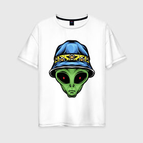 Женская футболка хлопок Oversize с принтом Alien in panama в Курске, 100% хлопок | свободный крой, круглый ворот, спущенный рукав, длина до линии бедер
 | alien | инопланетянин | кепка | нло | пришелец | хипстер | шляпа