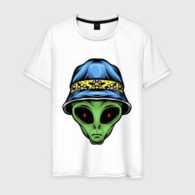 Мужская футболка хлопок с принтом Alien in panama в Курске, 100% хлопок | прямой крой, круглый вырез горловины, длина до линии бедер, слегка спущенное плечо. | alien | инопланетянин | кепка | нло | пришелец | хипстер | шляпа