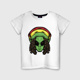 Детская футболка хлопок с принтом Reggae alien в Курске, 100% хлопок | круглый вырез горловины, полуприлегающий силуэт, длина до линии бедер | alien | волосы | инопланетянин | кепка | нло | пришелец | растаман | регги | хипстер | шляпа