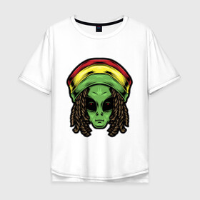 Мужская футболка хлопок Oversize с принтом Reggae alien в Курске, 100% хлопок | свободный крой, круглый ворот, “спинка” длиннее передней части | alien | волосы | инопланетянин | кепка | нло | пришелец | растаман | регги | хипстер | шляпа