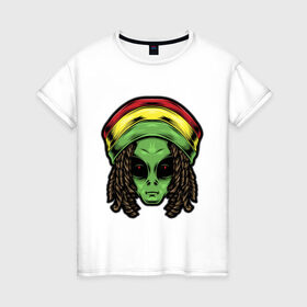 Женская футболка хлопок с принтом Reggae alien в Курске, 100% хлопок | прямой крой, круглый вырез горловины, длина до линии бедер, слегка спущенное плечо | alien | волосы | инопланетянин | кепка | нло | пришелец | растаман | регги | хипстер | шляпа