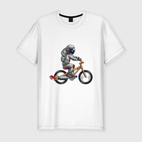 Мужская футболка хлопок Slim с принтом Астронавт на велосипеде в Курске, 92% хлопок, 8% лайкра | приталенный силуэт, круглый вырез ворота, длина до линии бедра, короткий рукав | астронавт | велосипед | космонавт | космос | костюм | ракеты | скафандр | хипстер | шлем