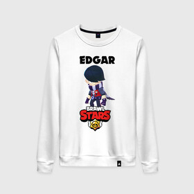 Женский свитшот хлопок с принтом BRAWL STARS EDGAR. в Курске, 100% хлопок | прямой крой, круглый вырез, на манжетах и по низу широкая трикотажная резинка  | 8 bit | brawl stars | byron | colette | crow | edgar | gale | leon | max | mr.p | sally leon | shark | virus 8 bit | werewolf leon | акула | байрон | берли | бравл старс | ворон | коллет | макс | оборотень | эдгар