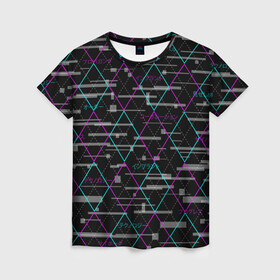 Женская футболка 3D с принтом Futuristic Argyle в Курске, 100% полиэфир ( синтетическое хлопкоподобное полотно) | прямой крой, круглый вырез горловины, длина до линии бедер | cyberpunk | glitch | глитч | киберпанк | орнамент | ромбы | узор | футуристичный