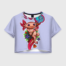 Женская футболка Crop-top 3D с принтом Магический аксолотль в Курске, 100% полиэстер | круглая горловина, длина футболки до линии талии, рукава с отворотами | аксолотль | жезл | кристал | магия | посох