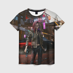 Женская футболка 3D с принтом Cyberpunk 2077 в Курске, 100% полиэфир ( синтетическое хлопкоподобное полотно) | прямой крой, круглый вырез горловины, длина до линии бедер | 2077 | action | cyberpunk | cyberpunk 2077 | rpg | игра | киберпанк | найт сити | рпг