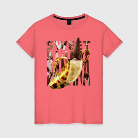 Женская футболка хлопок с принтом Sweet banana в Курске, 100% хлопок | прямой крой, круглый вырез горловины, длина до линии бедер, слегка спущенное плечо | new year. | sweet banana | банан | грифель | джем | зверь | иголки | карандаш | кольцо | леопард | леопардовый | нг | новый год | овощ | ожерелья | подарок | прздник | принадлежность | сладкий банан | украшения