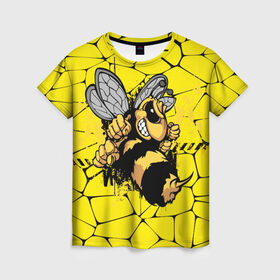 Женская футболка 3D с принтом Дикая пчела в Курске, 100% полиэфир ( синтетическое хлопкоподобное полотно) | прямой крой, круглый вырез горловины, длина до линии бедер | Тематика изображения на принте: дикая пчела | жало | мед | насекомые | опасность | соты | текстура | шершень