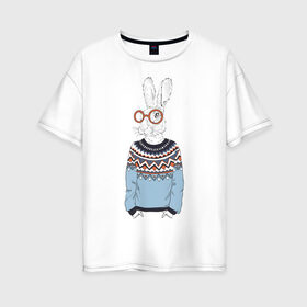 Женская футболка хлопок Oversize с принтом кролик в свитере и очках в Курске, 100% хлопок | свободный крой, круглый ворот, спущенный рукав, длина до линии бедер
 | 