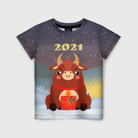 Детская футболка 3D с принтом Бык с подарками 2021 в Курске, 100% гипоаллергенный полиэфир | прямой крой, круглый вырез горловины, длина до линии бедер, чуть спущенное плечо, ткань немного тянется | 2021 | 7 января | bull | newyear | santa | бык | быки | бычок | год быка | дед мороз | корова | новогодние каникулы | новогодние праздники | новый 2021 | новый год | новый год 2021 | рождество | сани | санта | санта клаус