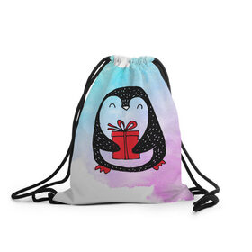 Рюкзак-мешок 3D с принтом Милый пингвин с подарком в Курске, 100% полиэстер | плотность ткани — 200 г/м2, размер — 35 х 45 см; лямки — толстые шнурки, застежка на шнуровке, без карманов и подкладки | 