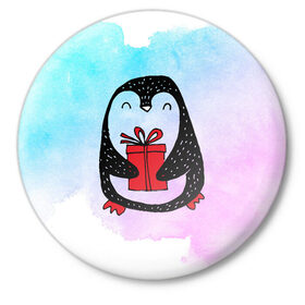 Значок с принтом Милый пингвин с подарком в Курске,  металл | круглая форма, металлическая застежка в виде булавки | Тематика изображения на принте: 
