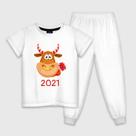 Детская пижама хлопок с принтом Милый бык с цветочком в Курске, 100% хлопок |  брюки и футболка прямого кроя, без карманов, на брюках мягкая резинка на поясе и по низу штанин
 | 