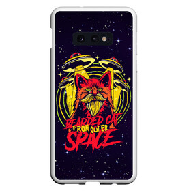 Чехол для Samsung S10E с принтом Bearded cat from outer space в Курске, Силикон | Область печати: задняя сторона чехла, без боковых панелей | hipster | retro | vintage | борода | бородатый | винтаж | глубокий | из космоса | космический | космический корабль | космос | кот | котик | кошка | нло | пародия | пришельцы | ретро | старые фильмы | ужастик