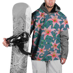 Накидка на куртку 3D с принтом Лилии на сером фоне в Курске, 100% полиэстер |  | 8 марта | весна | зеленый | лилии | праздник | природа | растения | розовый | серый | цветы