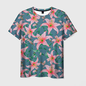 Мужская футболка 3D с принтом Лилии на сером фоне в Курске, 100% полиэфир | прямой крой, круглый вырез горловины, длина до линии бедер | 8 марта | весна | зеленый | лилии | праздник | природа | растения | розовый | серый | цветы
