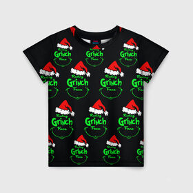 Детская футболка 3D с принтом Grinch Face в Курске, 100% гипоаллергенный полиэфир | прямой крой, круглый вырез горловины, длина до линии бедер, чуть спущенное плечо, ткань немного тянется | 2020 | 2021 | grinch | белая | год | гринч | елка | женская | зеленый | красная | мужская | мультфильм | надпись | нг | новый | подарок | полосы | праздник | рождества | свитер | сердце | смайл | фильм | шапка