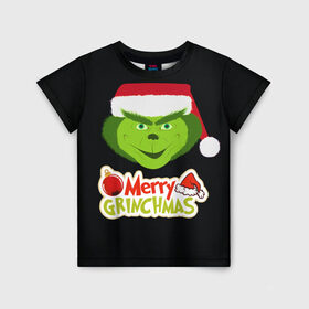 Детская футболка 3D с принтом Merry Grinchmas в Курске, 100% гипоаллергенный полиэфир | прямой крой, круглый вырез горловины, длина до линии бедер, чуть спущенное плечо, ткань немного тянется | 2020 | 2021 | grinch | белая | год | гринч | елка | женская | зеленый | красная | мужская | мультфильм | надпись | нг | новый | подарок | полосы | праздник | рождества | свитер | сердце | смайл | фильм | шапка