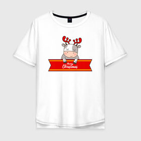 Мужская футболка хлопок Oversize с принтом Новогодний бык-олень в Курске, 100% хлопок | свободный крой, круглый ворот, “спинка” длиннее передней части | Тематика изображения на принте: 