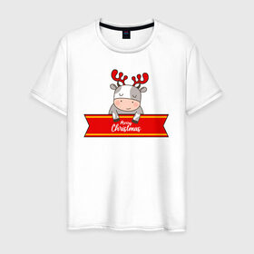 Мужская футболка хлопок с принтом Новогодний бык-олень в Курске, 100% хлопок | прямой крой, круглый вырез горловины, длина до линии бедер, слегка спущенное плечо. | 