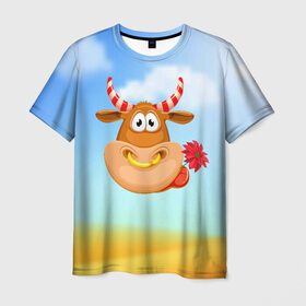 Мужская футболка 3D с принтом Милый бык с цветочком в Курске, 100% полиэфир | прямой крой, круглый вырез горловины, длина до линии бедер | 2021 | 7 января | bull | newyear | santa | бык | быки | бычок | год быка | дед мороз | корова | новогодние каникулы | новогодние праздники | новый 2021 | новый год | новый год 2021 | рождество | сани | санта | санта клаус