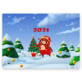 Поздравительная открытка с принтом Бык наряжает елочку в Курске, 100% бумага | плотность бумаги 280 г/м2, матовая, на обратной стороне линовка и место для марки
 | Тематика изображения на принте: 2021 | 7 января | bull | newyear | santa | бык | бычок | год быка | дед мороз | корова | новогодние каникулы | новогодние праздники | новый 2021 | новый год | новый год 2021 | рождество | сани | санта | санта клаус