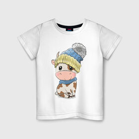Детская футболка хлопок с принтом Милый бычок в шапочке в Курске, 100% хлопок | круглый вырез горловины, полуприлегающий силуэт, длина до линии бедер | 