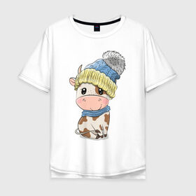 Мужская футболка хлопок Oversize с принтом Милый бычок в шапочке в Курске, 100% хлопок | свободный крой, круглый ворот, “спинка” длиннее передней части | 