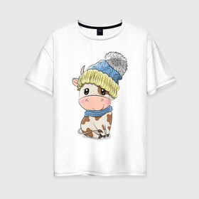 Женская футболка хлопок Oversize с принтом Милый бычок в шапочке в Курске, 100% хлопок | свободный крой, круглый ворот, спущенный рукав, длина до линии бедер
 | 