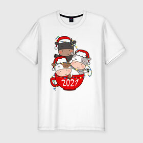 Мужская футболка хлопок Slim с принтом Новогодние быки в чашке в Курске, 92% хлопок, 8% лайкра | приталенный силуэт, круглый вырез ворота, длина до линии бедра, короткий рукав | 