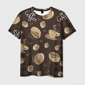 Мужская футболка 3D с принтом Кофейный узор с чашкой в Курске, 100% полиэфир | прямой крой, круглый вырез горловины, длина до линии бедер | коричневый | кофе | кофейный | кофеман | паттерн | узор | чашка