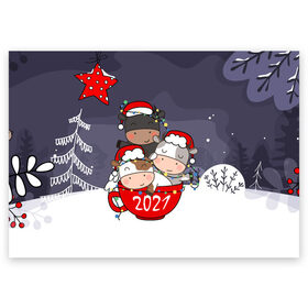 Поздравительная открытка с принтом Новогодние быки в чашке в Курске, 100% бумага | плотность бумаги 280 г/м2, матовая, на обратной стороне линовка и место для марки
 | 2021 | 7 января | bull | newyear | santa | бык | быки | бычок | год быка | дед мороз | корова | новогодние каникулы | новогодние праздники | новый 2021 | новый год | новый год 2021 | рождество | сани | санта | санта клаус