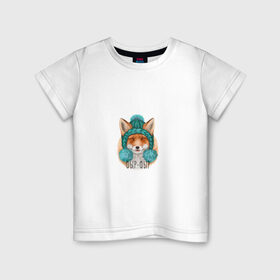 Детская футболка хлопок с принтом Забавная лиса в Курске, 100% хлопок | круглый вырез горловины, полуприлегающий силуэт, длина до линии бедер | cute | fluffy | fox | kid | winter | детский | зимний | лиса | милый | пушистый | шапка