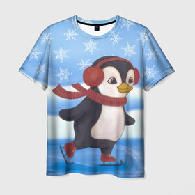 Мужская футболка 3D с принтом Пингвинчик на коньках в Курске, 100% полиэфир | прямой крой, круглый вырез горловины, длина до линии бедер | 2021 | зима | коньки | лёд | милый | новый год | пингвин | снег | снежинки | фигурное катание