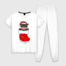 Женская пижама хлопок с принтом Бык в новогоднем носке в Курске, 100% хлопок | брюки и футболка прямого кроя, без карманов, на брюках мягкая резинка на поясе и по низу штанин | 