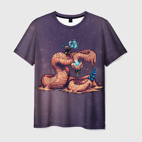 Мужская футболка 3D с принтом Всадник со змеей в Курске, 100% полиэфир | прямой крой, круглый вырез горловины, длина до линии бедер | Тематика изображения на принте: magic | snake | space | змея | космос | кристаллы | магия | песок