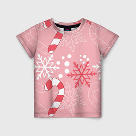 Детская футболка 3D с принтом Новогодний узор с леденцом в Курске, 100% гипоаллергенный полиэфир | прямой крой, круглый вырез горловины, длина до линии бедер, чуть спущенное плечо, ткань немного тянется | детская | красный | леденец | новогодняя | новый год | розовая | снежинки