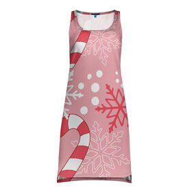 Платье-майка 3D с принтом Новогодний узор с леденцом в Курске, 100% полиэстер | полуприлегающий силуэт, широкие бретели, круглый вырез горловины, удлиненный подол сзади. | Тематика изображения на принте: детская | красный | леденец | новогодняя | новый год | розовая | снежинки
