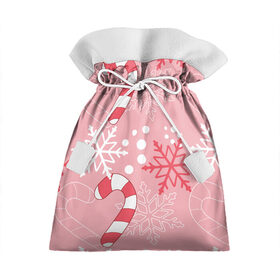 Подарочный 3D мешок с принтом Новогодний узор с леденцом в Курске, 100% полиэстер | Размер: 29*39 см | детская | красный | леденец | новогодняя | новый год | розовая | снежинки