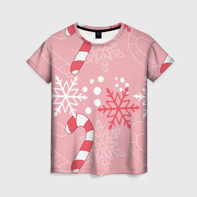 Женская футболка 3D с принтом Новогодний узор с леденцом в Курске, 100% полиэфир ( синтетическое хлопкоподобное полотно) | прямой крой, круглый вырез горловины, длина до линии бедер | детская | красный | леденец | новогодняя | новый год | розовая | снежинки