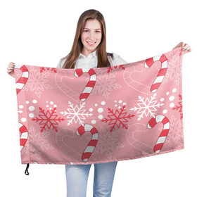 Флаг 3D с принтом Новогодний узор с леденцом в Курске, 100% полиэстер | плотность ткани — 95 г/м2, размер — 67 х 109 см. Принт наносится с одной стороны | детская | красный | леденец | новогодняя | новый год | розовая | снежинки