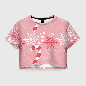 Женская футболка Crop-top 3D с принтом Новогодний узор с леденцом в Курске, 100% полиэстер | круглая горловина, длина футболки до линии талии, рукава с отворотами | Тематика изображения на принте: детская | красный | леденец | новогодняя | новый год | розовая | снежинки