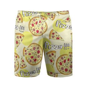 Мужские шорты спортивные с принтом Узор - Пицца на желтом в Курске,  |  | еда | желтый | кусок | надписи | паттерн | пицца | узор | фастфуд